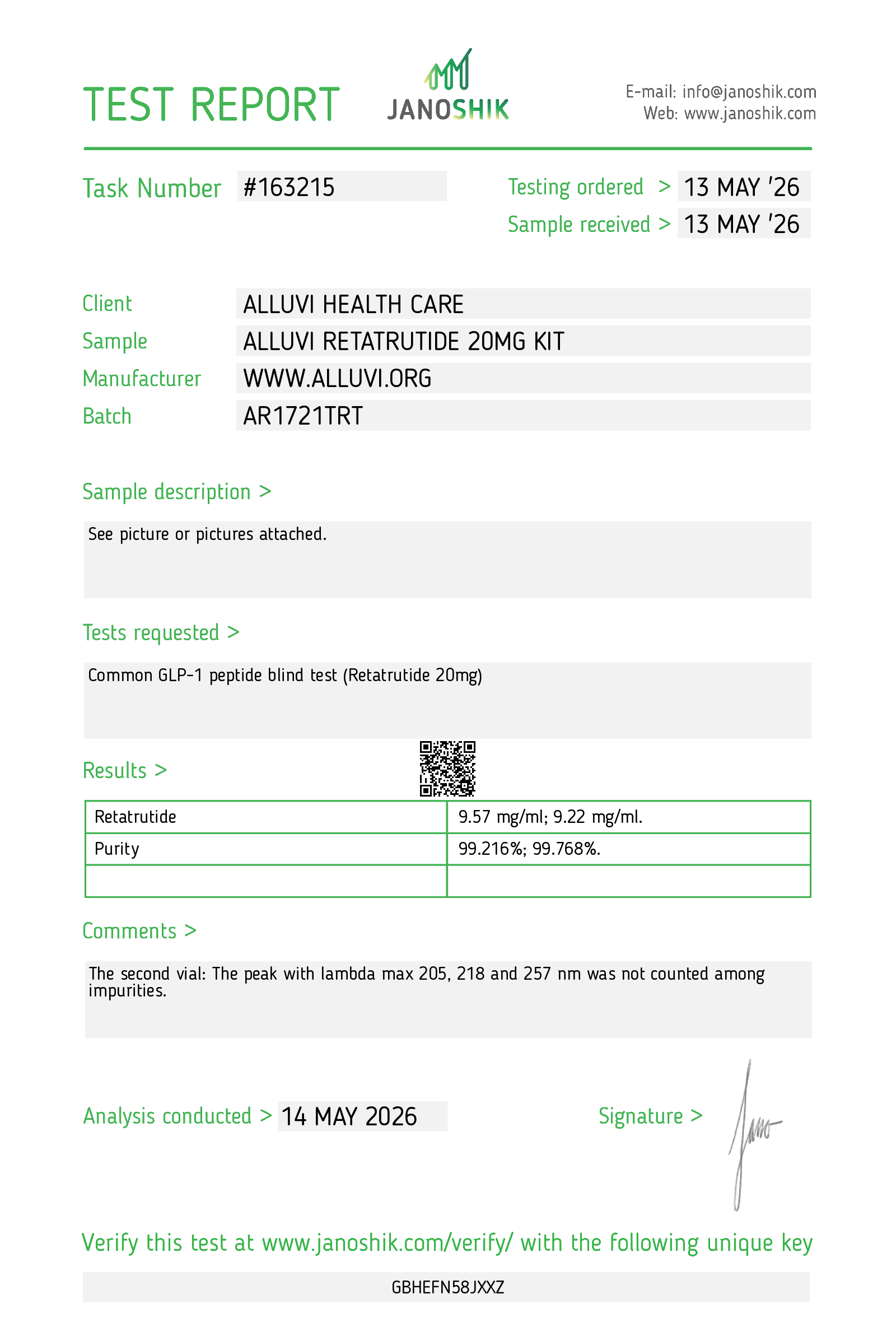 Janoshik certificate of analysis — Alluvi Retatrutide