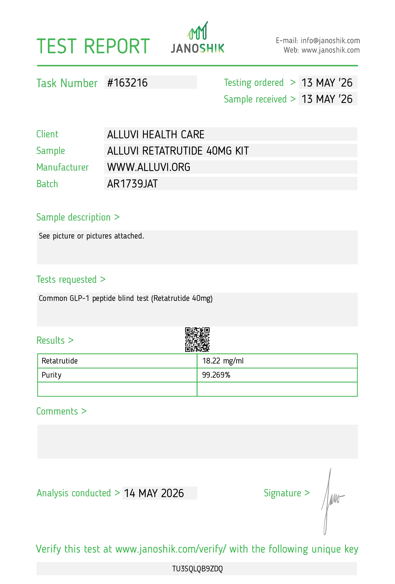 Janoshik certificate of analysis — Alluvi Retatrutide 40mg
