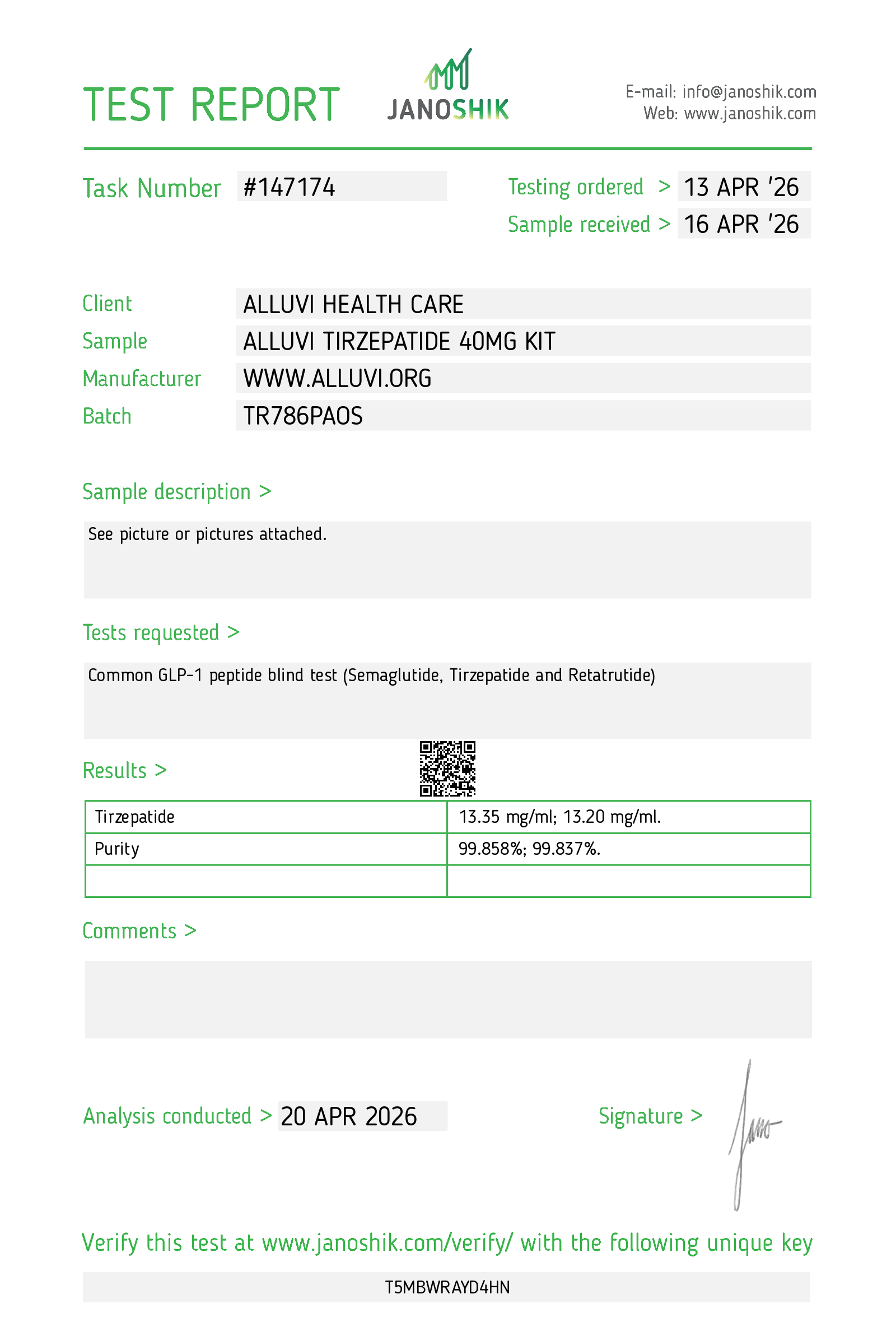 Janoshik certificate of analysis — Alluvi Tirzepatide
