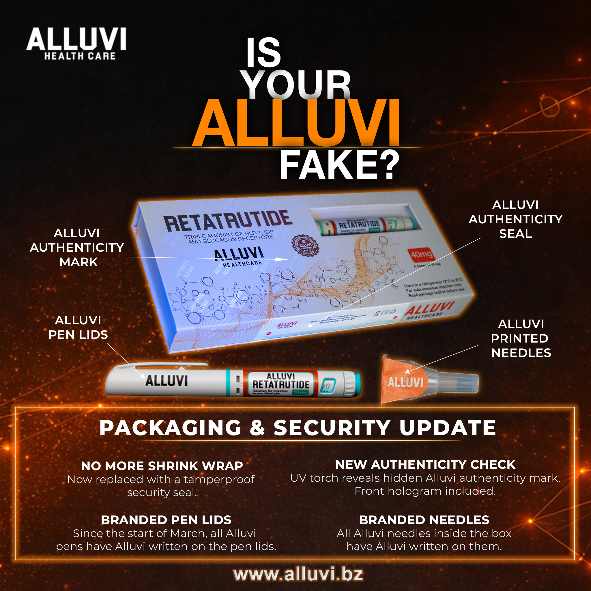 Alluvi authentic packaging reference — authenticity mark, seal, branded pen lids and printed needles